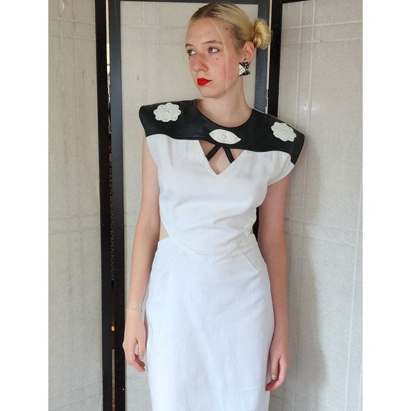Vintage 80s Dress White Cotton Black Leather w/Cut Outs & Open Back