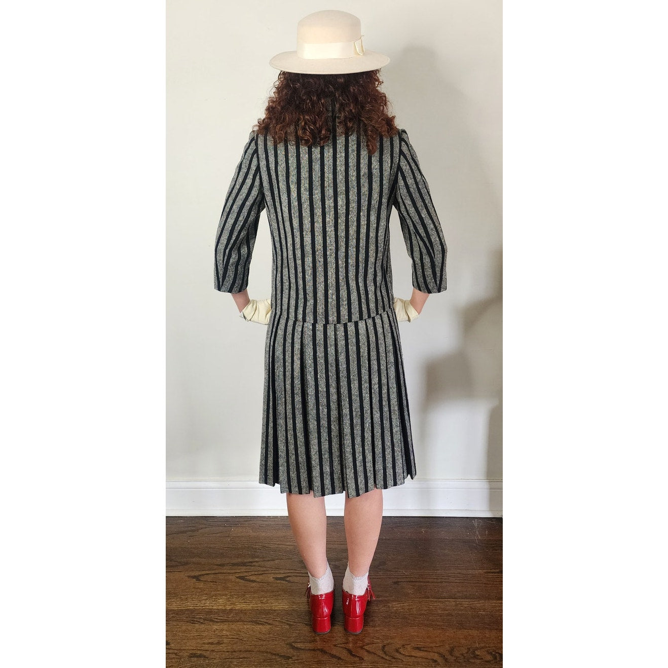 Vintage 1960s Sybil Connolly Skirt Suit Gray Black Striped Wool / Small