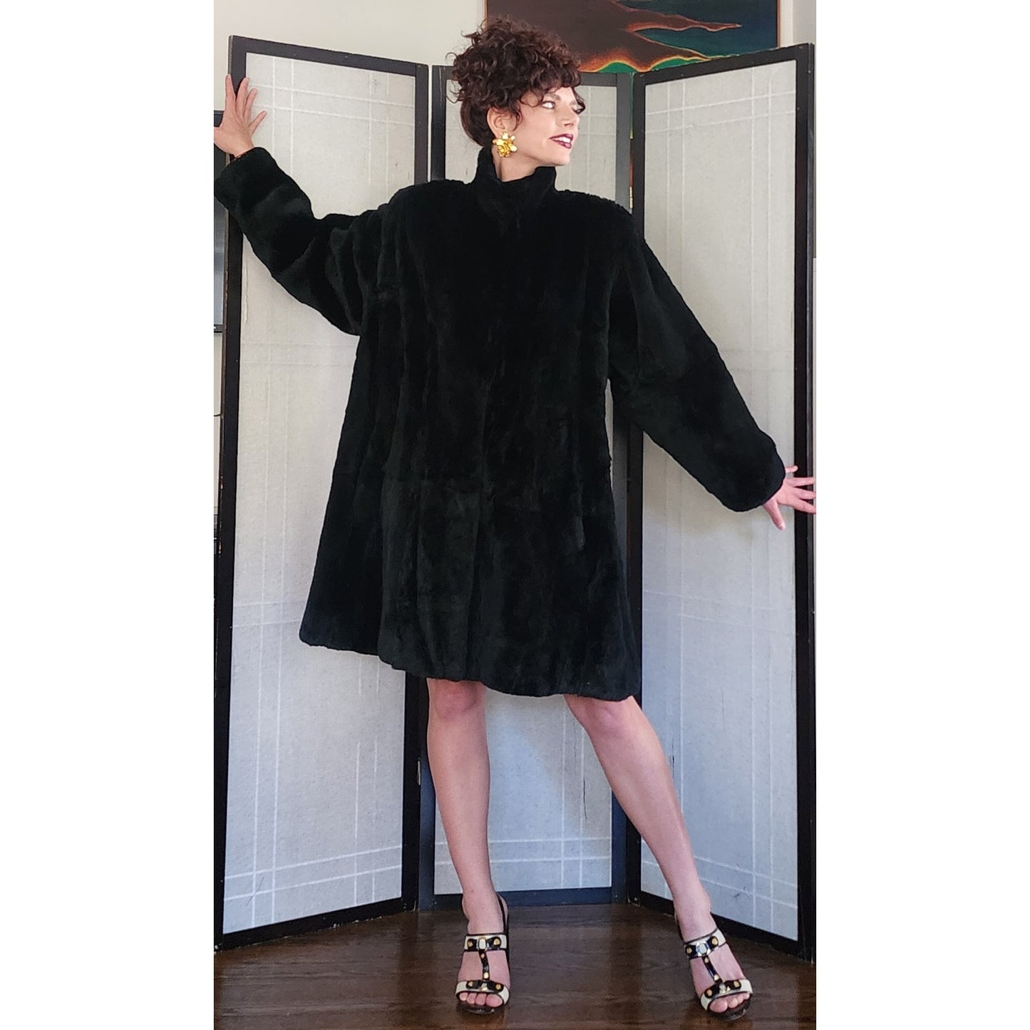 80s Black Rabbit Fur Coat Carole Little for Henri Bendel