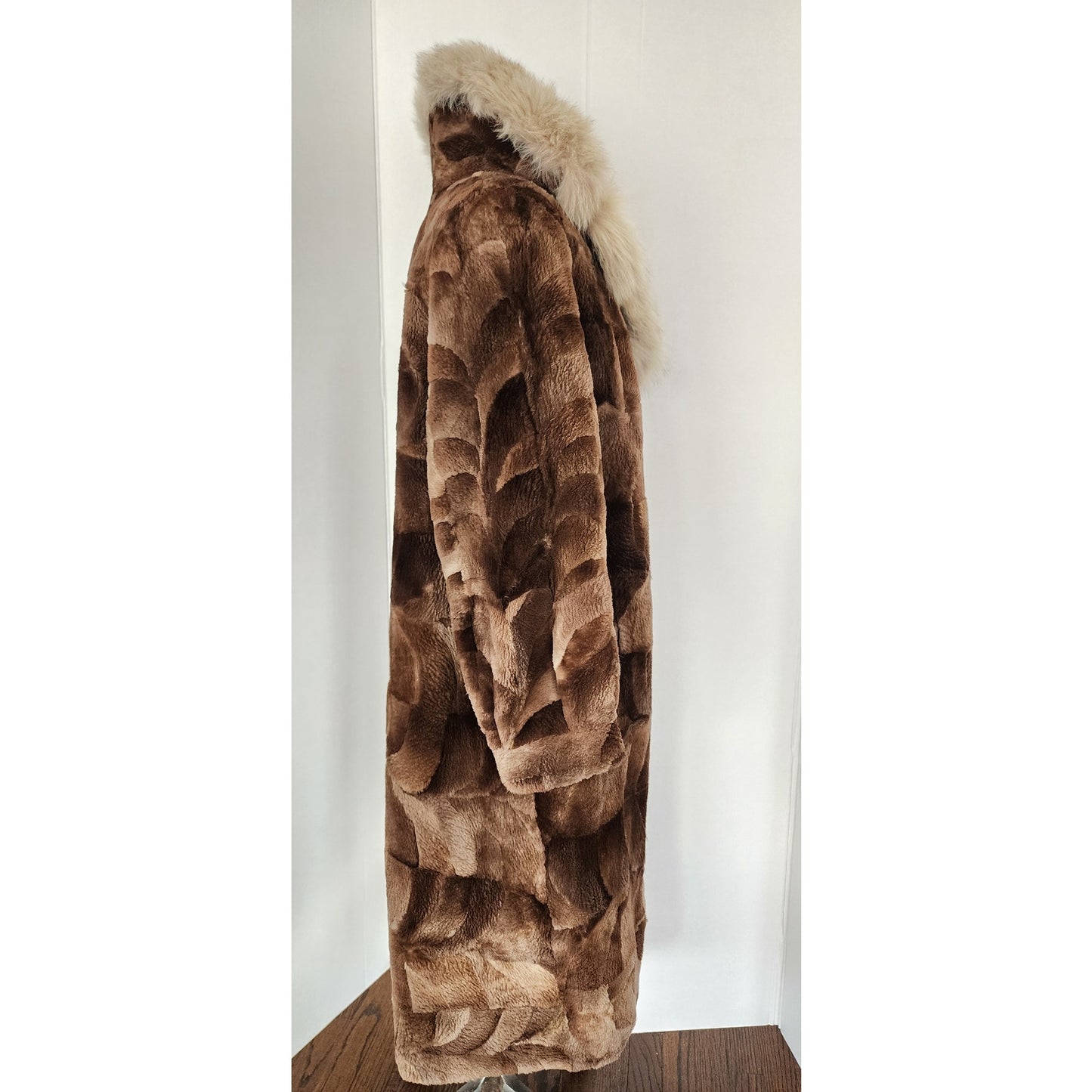 Vintage 80s Patchwork Fur Coat Sheared Beaver Blue Fox Collar