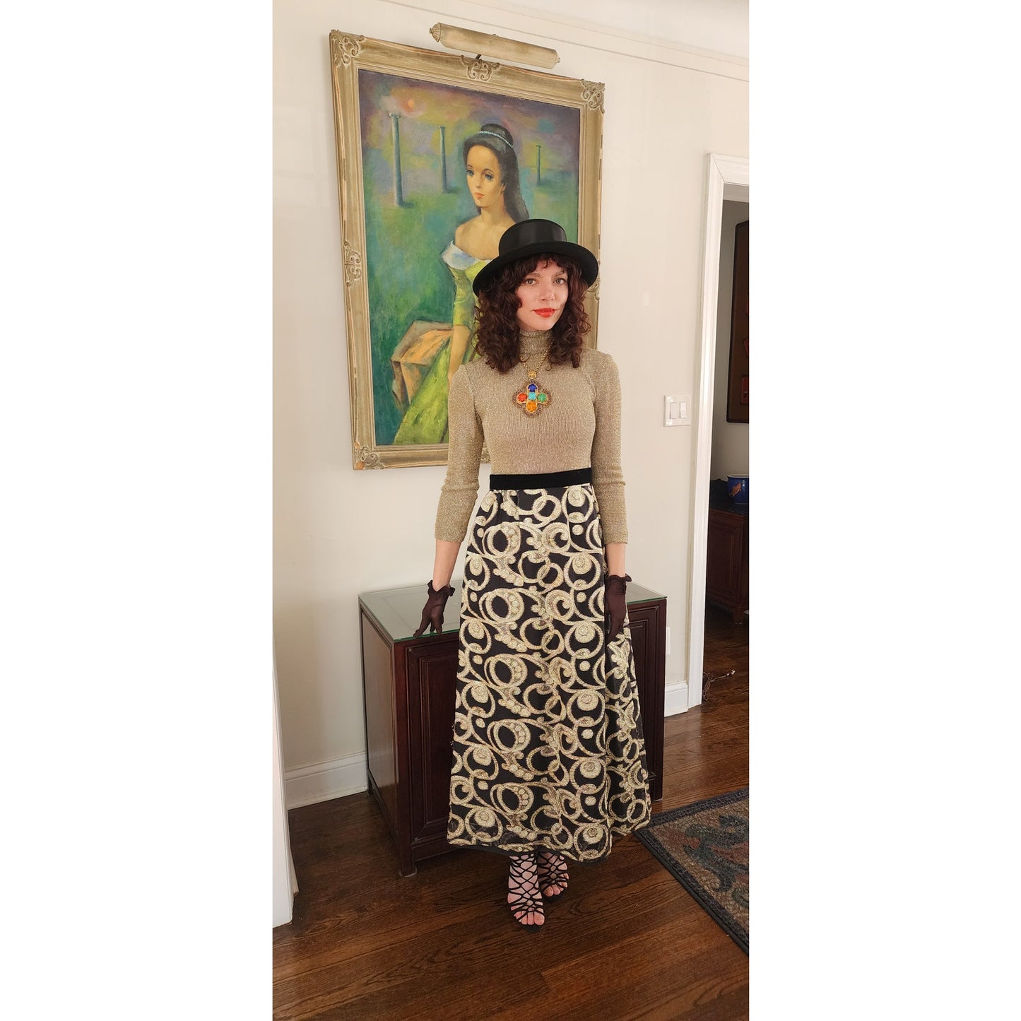 Vintage 1970s Gold & Black Maxi Dress Metallic Spiral Swirl / S