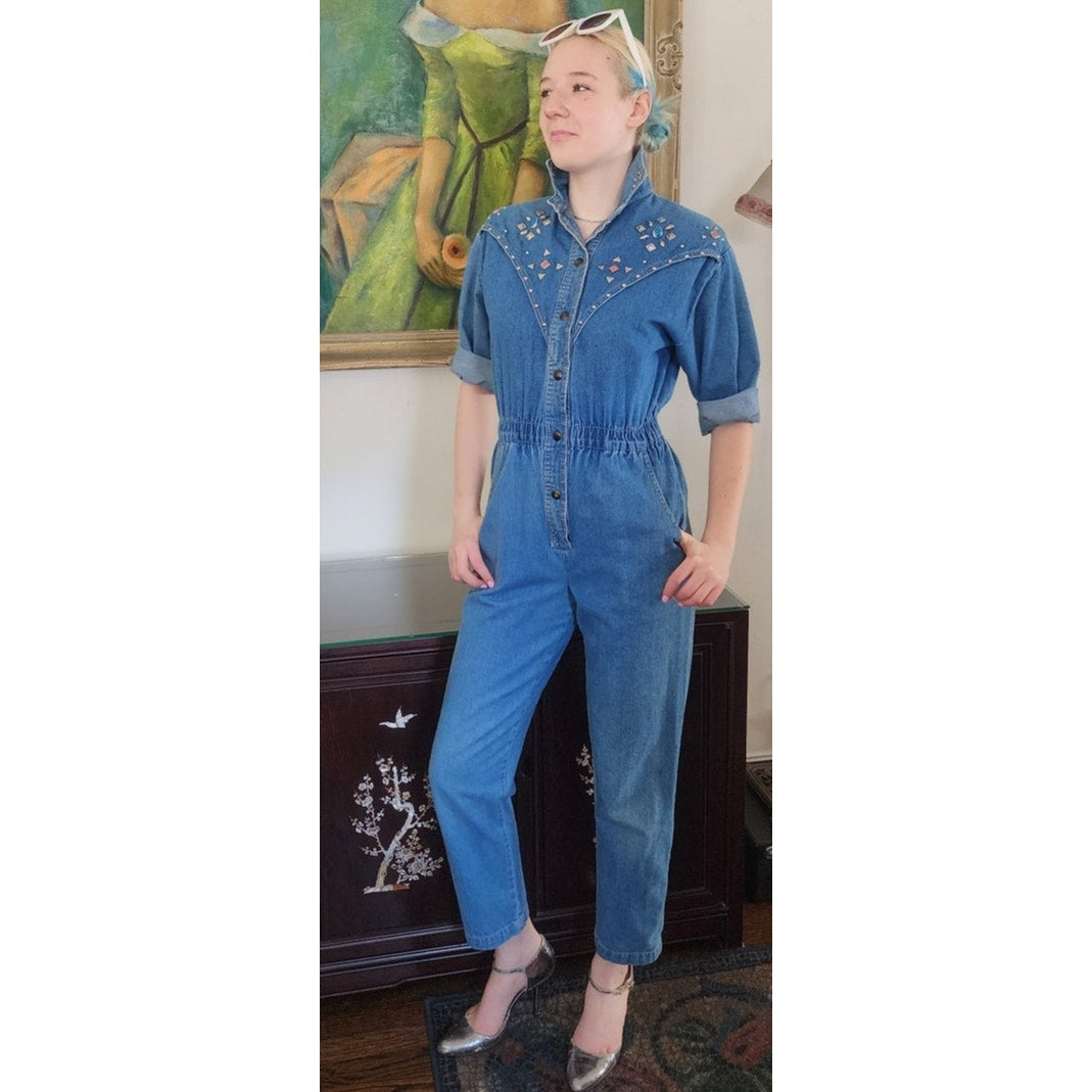 Vintage 80s Denim Jumpsuit w/Silver Studs Elastic Waist / Small