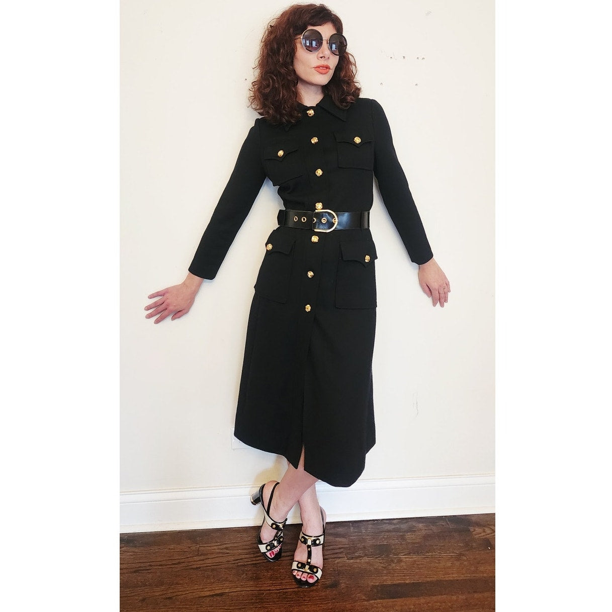 Vintage 1960s Dress Black Knit Wool + Gold Buttons, Belted by Gibi Italy