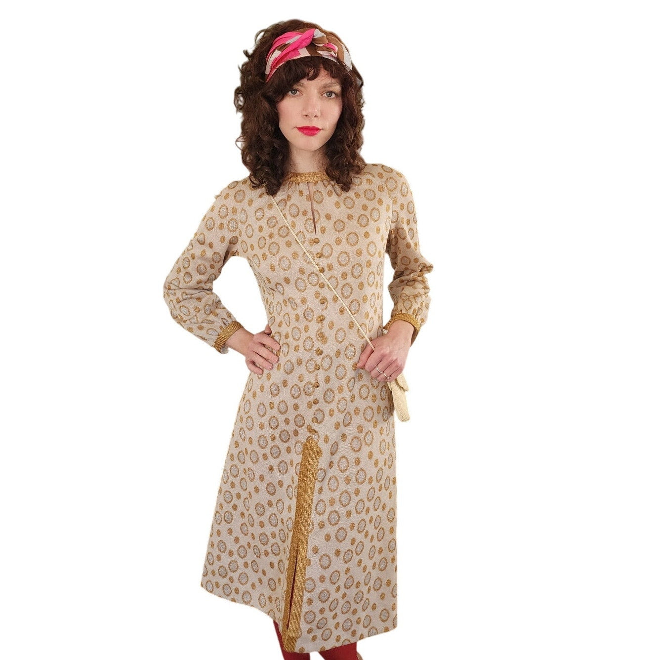 Vintage 60s Metallic Print Dress Beige Gold Tannel Knits / M