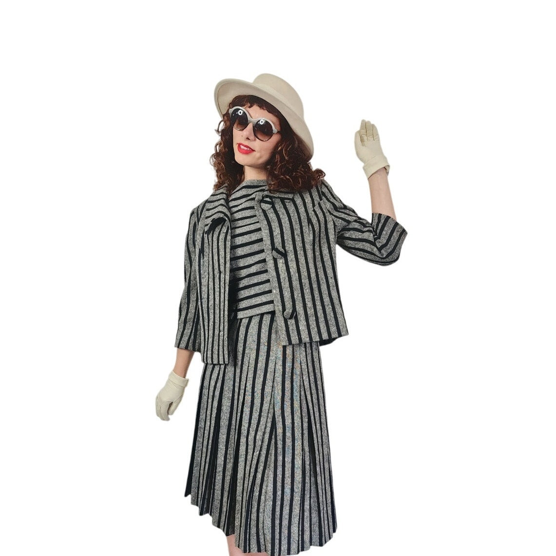 Vintage 1960s Sybil Connolly Skirt Suit Gray Black Striped Wool / Small