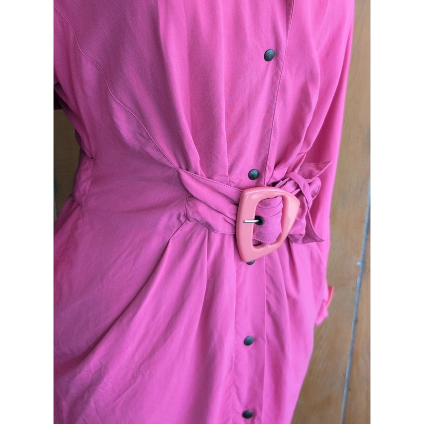 Vintage 80s Pink Silk Dress Long Sleeves Belt & Hood / S