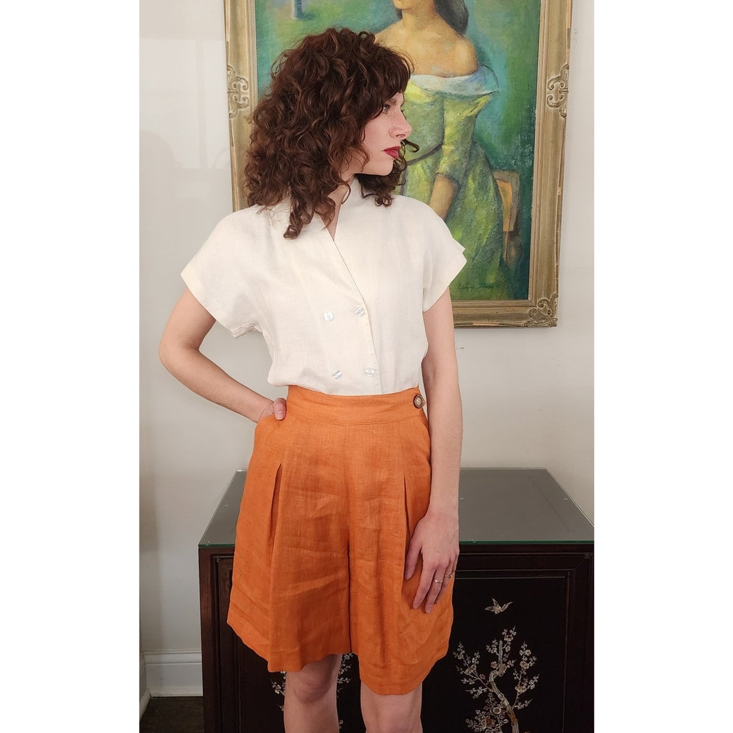 Vintage 1980s Orange Linen Dress Shorts Pleated Front by Perlie / M