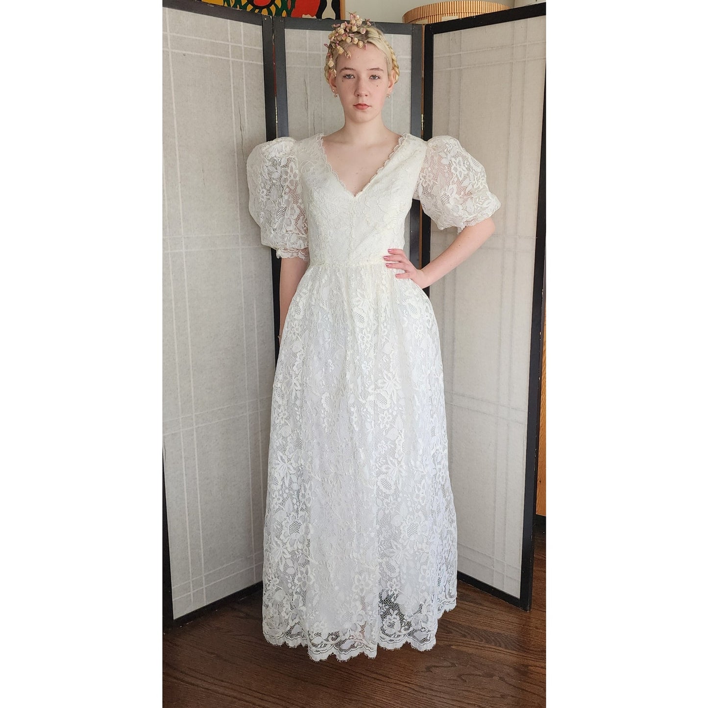 Vintage 80s White Lace Wedding Dress Statement Sleeves