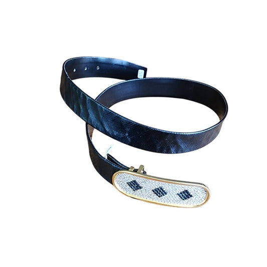 Vintage 80s Belt Rhinestone Buckle Black Leather /