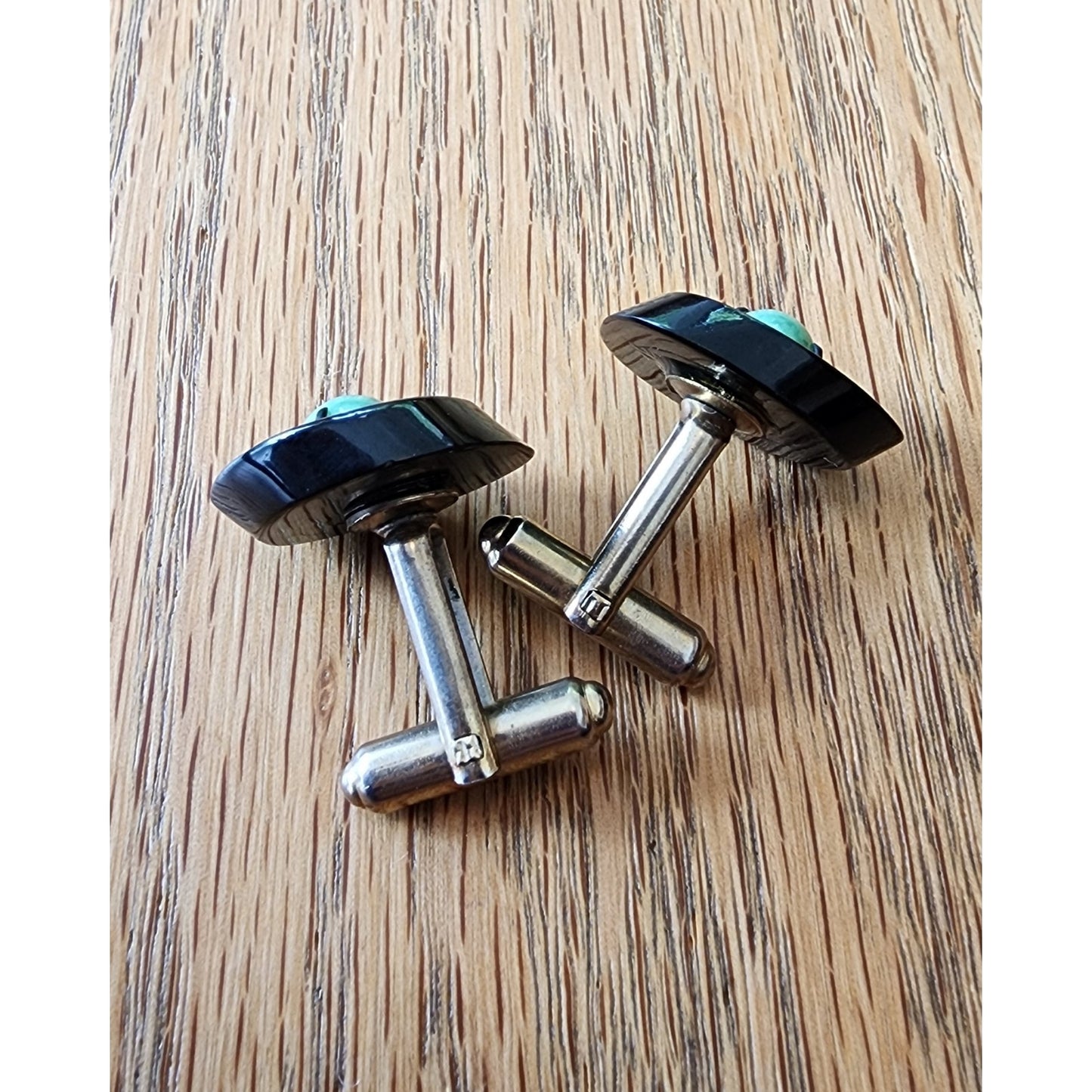 Vintage 50s Cufflinks Hawaiian Black Coral Jade 12K Gold Filled
