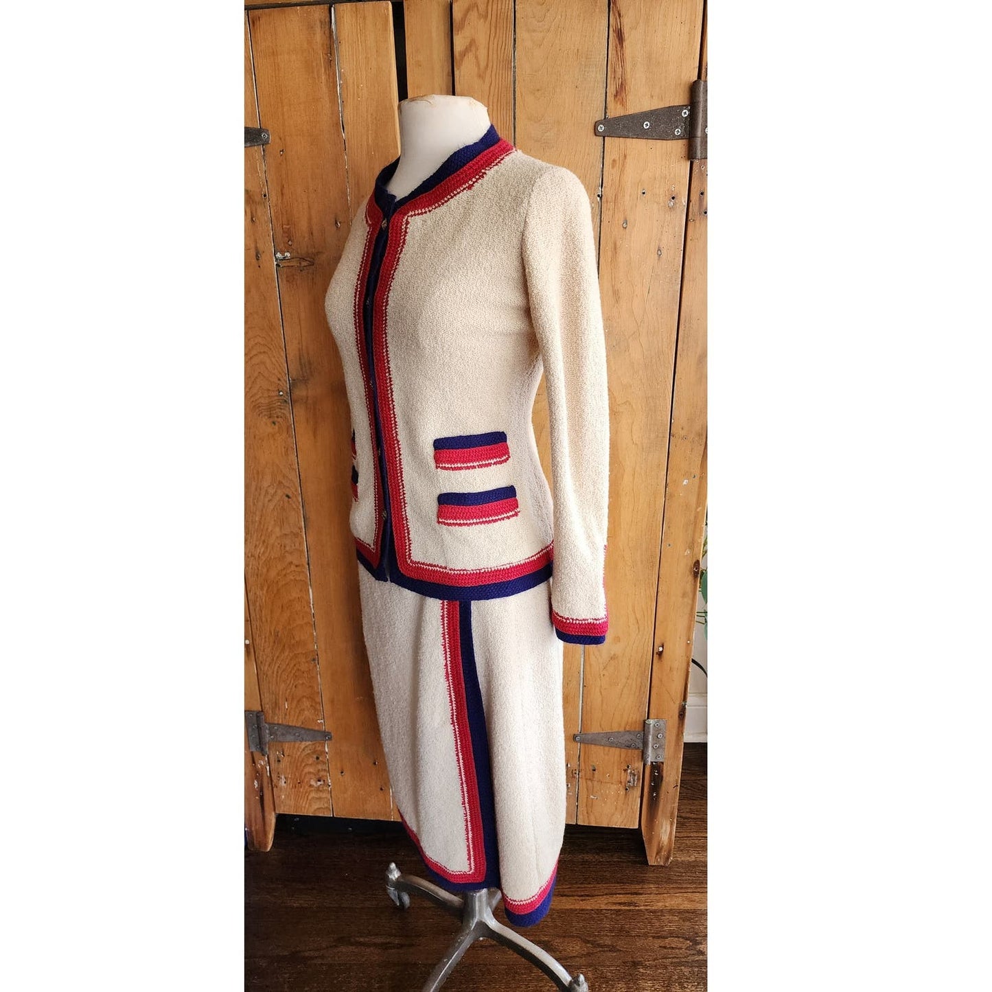Vintage 60s Adolfo Skirt Suit Cream Blue Red Knit in Chanel Style