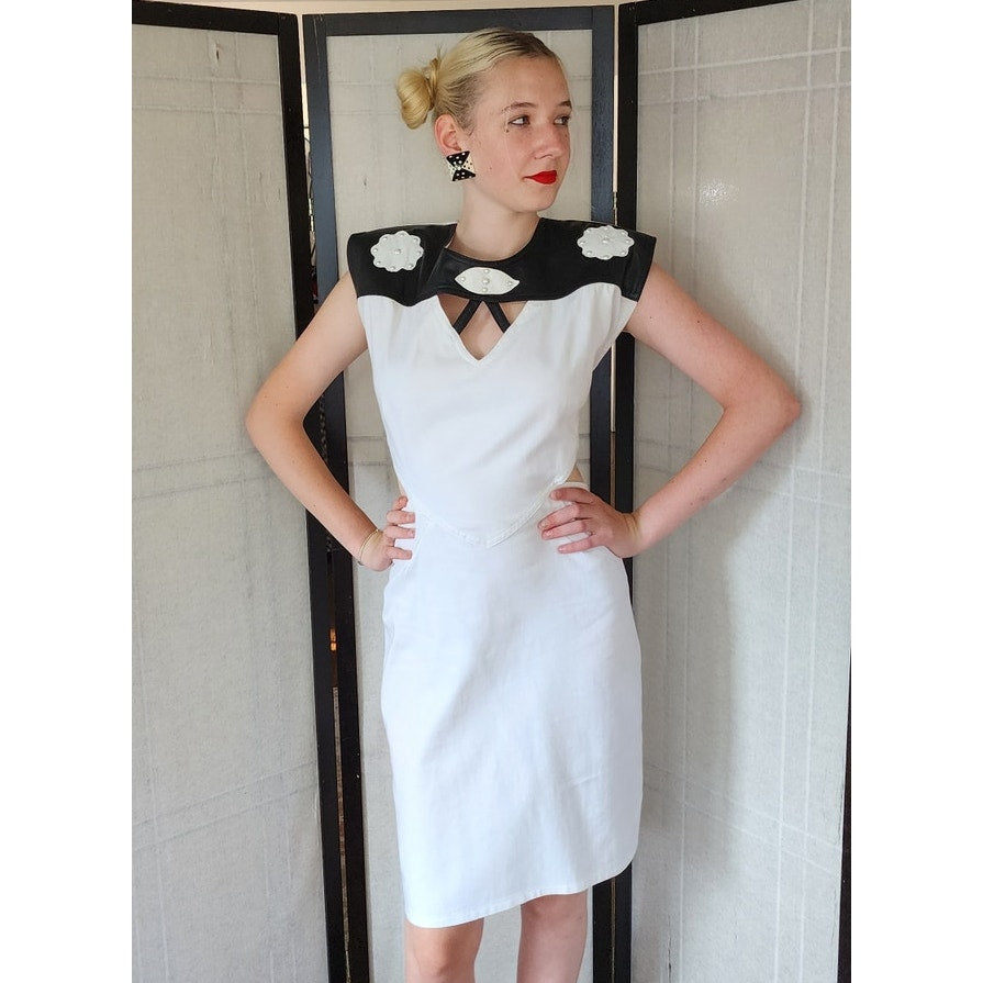 Vintage 80s Dress White Cotton Black Leather w/Cut Outs & Open Back