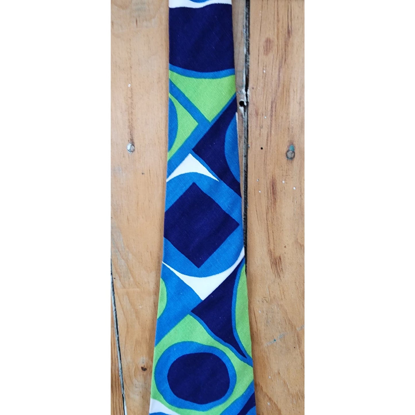 Vintage 60s Mens Wide Tie Bold Geometric Print Psychedelic Blue Green