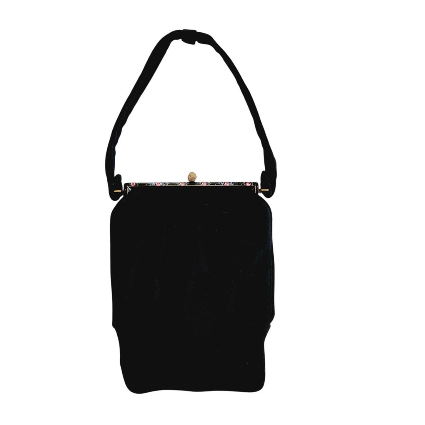 Vintage 40s Rosenfeld Handbag Black Brushed Suede Floral Enamel Frame