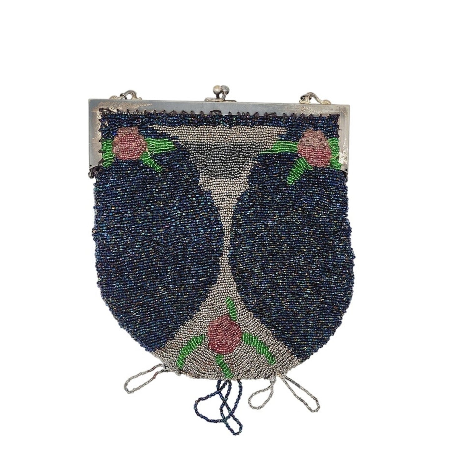 Vintage 1920s Beaded Bag Blue Silver Flapper Purse Martini Glass Design