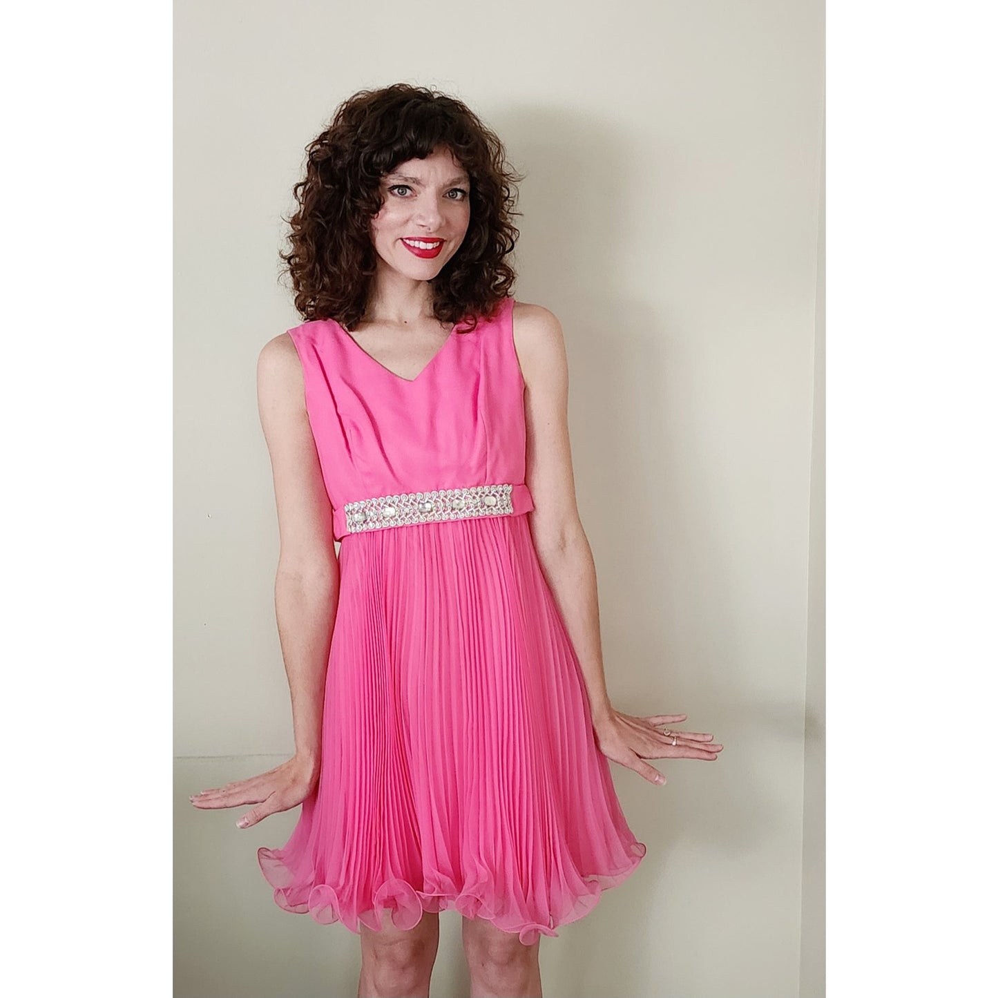 Vintage 60s Hot Pink Party Dress Pleated Skirt