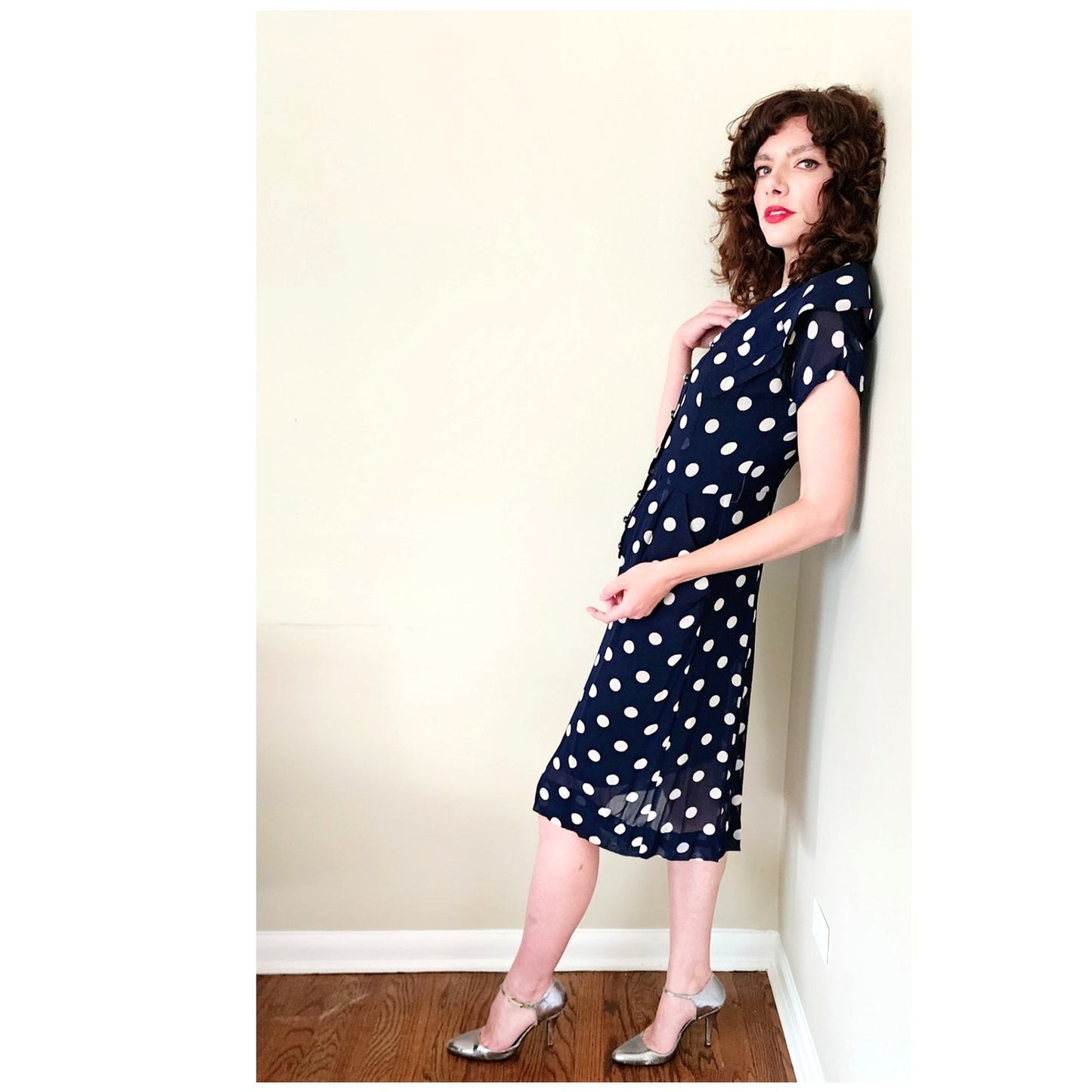 Vintage 40s Rayon Print Dress Navy Blue Polkadot  S