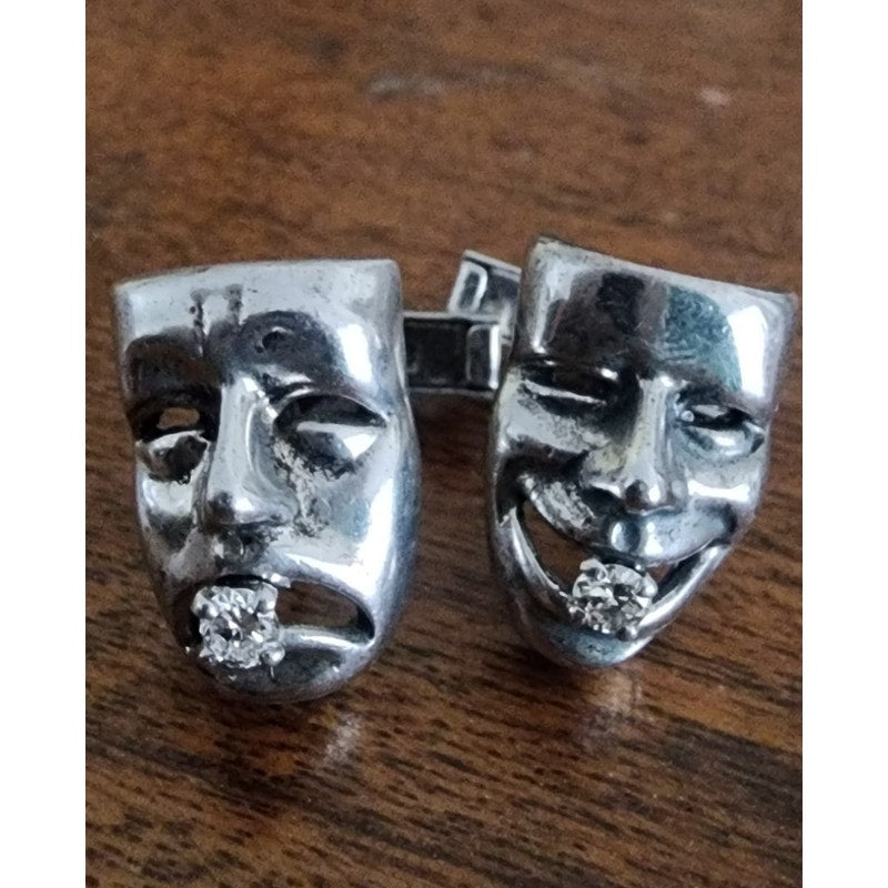 Vintage Sterling Silver Cufflinks w/Diamonds Comedy Tragedy Theater Masks