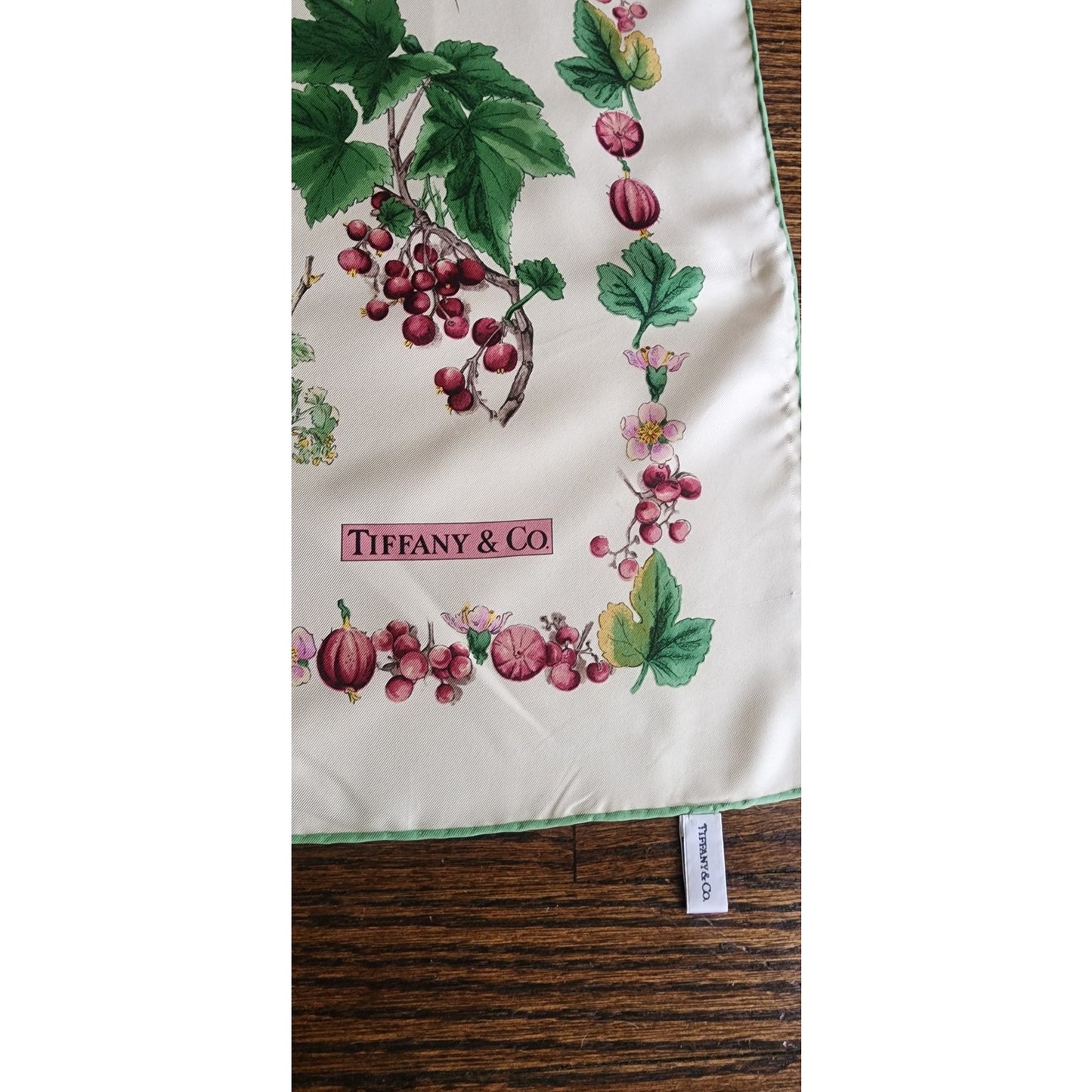 Vintage Tiffany & Co. Scarf Silk Square Botanical Floral Theme Green Cream