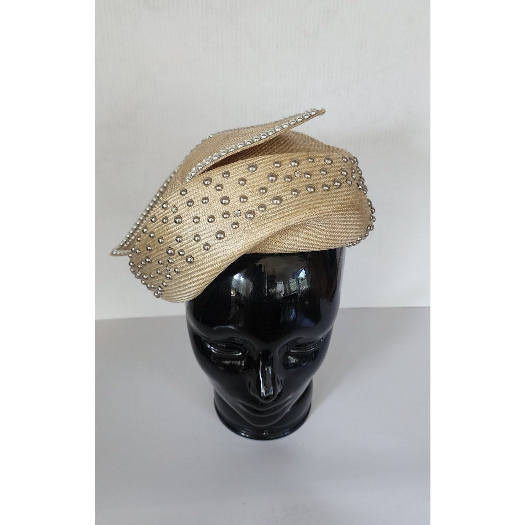 Vintage Jack McConnell Hat Asymmetrical Cream Straw Pearls Studs