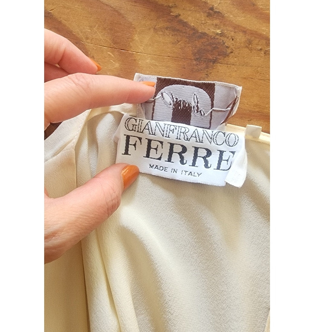 Vintage 90s Gianfranco Ferre Cream Silk Wrap Blouse Black Cuffs Asymmetrical Top