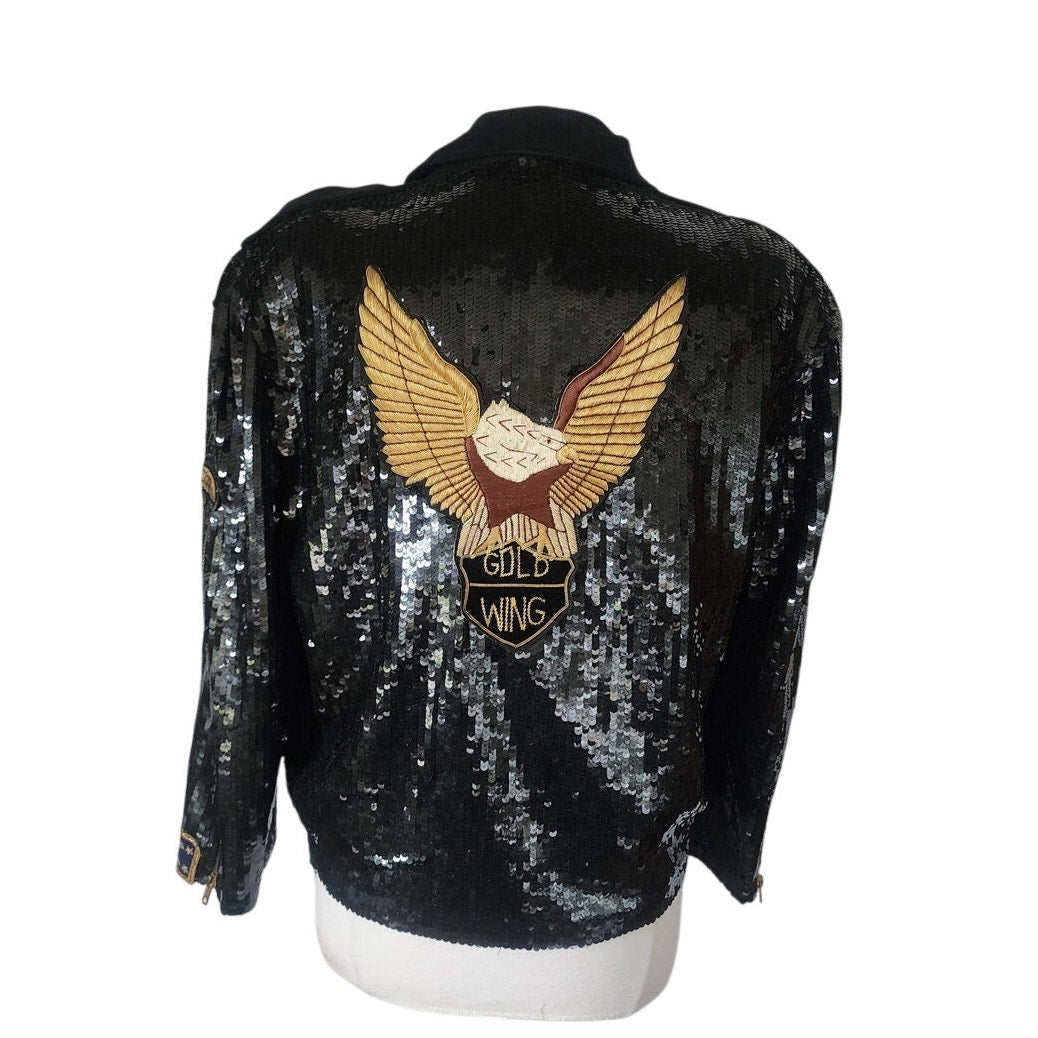 Vintage 80s Bomber Jacket Black Sequins Gold Eagle Motorcycle Patches Neiman Marcus / L
