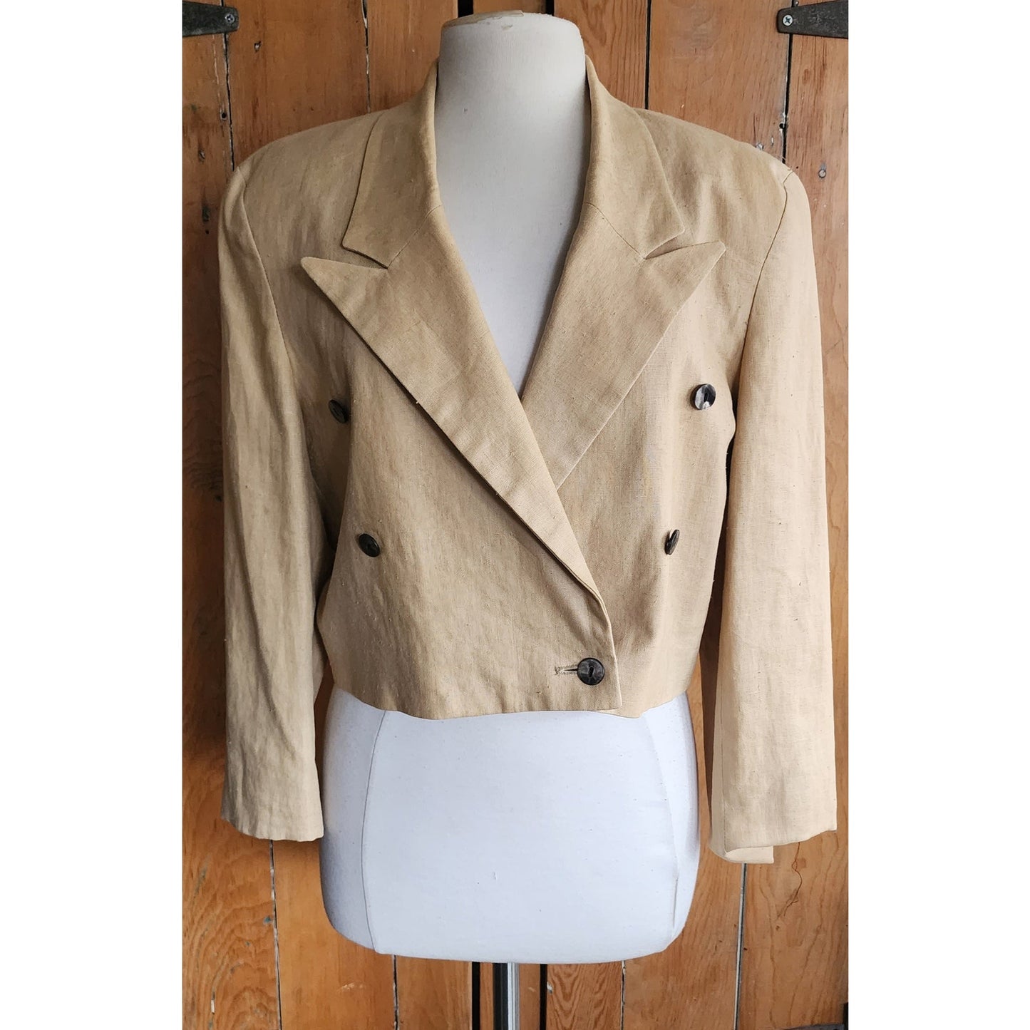 Vintage 80s Beige Linen Blazer Cropped Jacket Marshall Fields