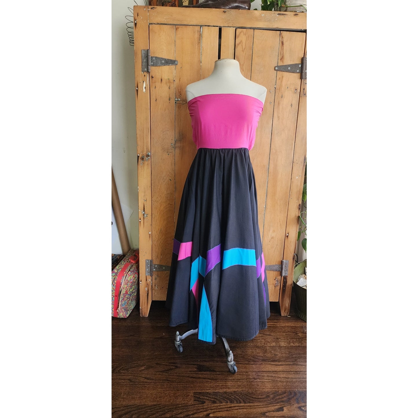 Vintage 80s Circle Skirt Multicolored Cotton Applique Converts to Strapless Dress Opus 1