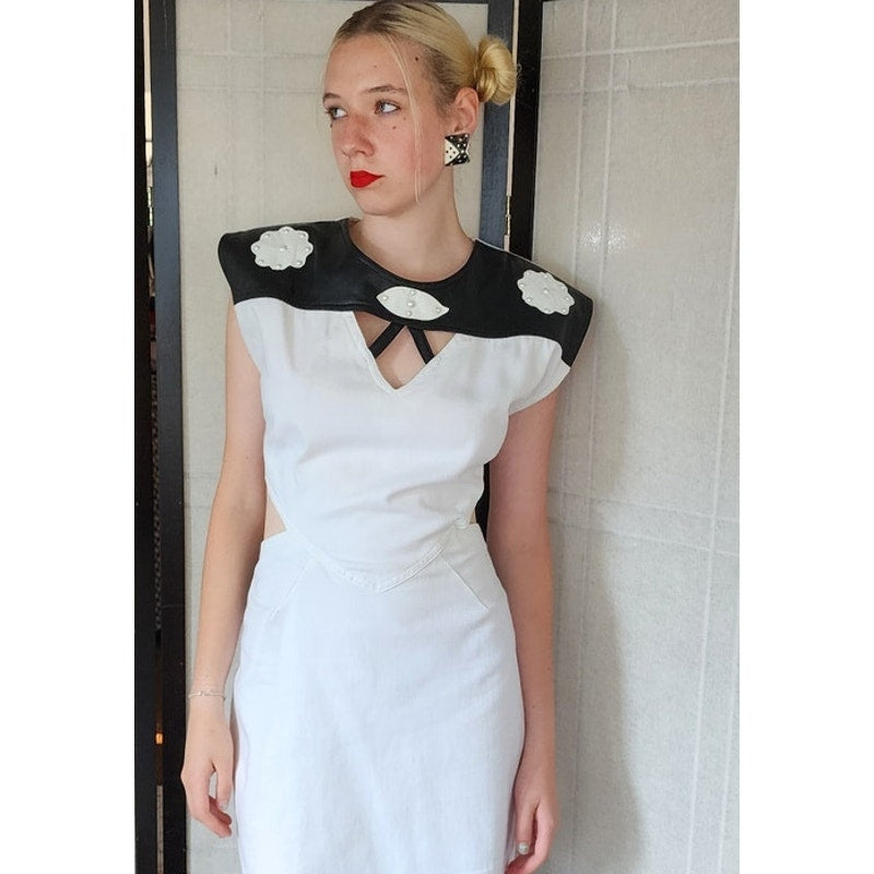 Vintage 80s Dress White Cotton Black Leather w/Cut Outs & Open Back
