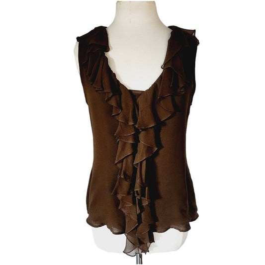 Vintage Y2K Oscar de la Renta Blouse Chiffon Silk Brown Top Ruffles NWT