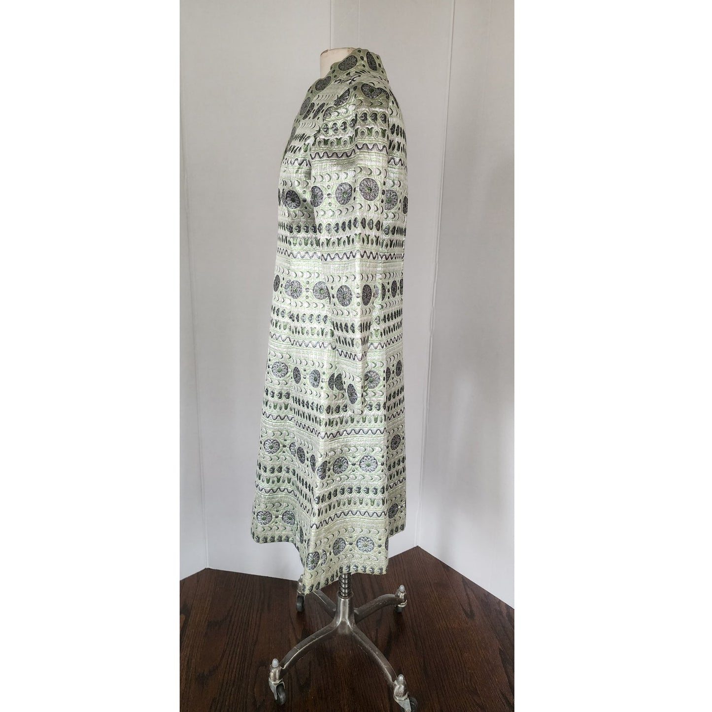 Vintage 60s Brocade Dress Silver Green Metallic Psychedelic Print