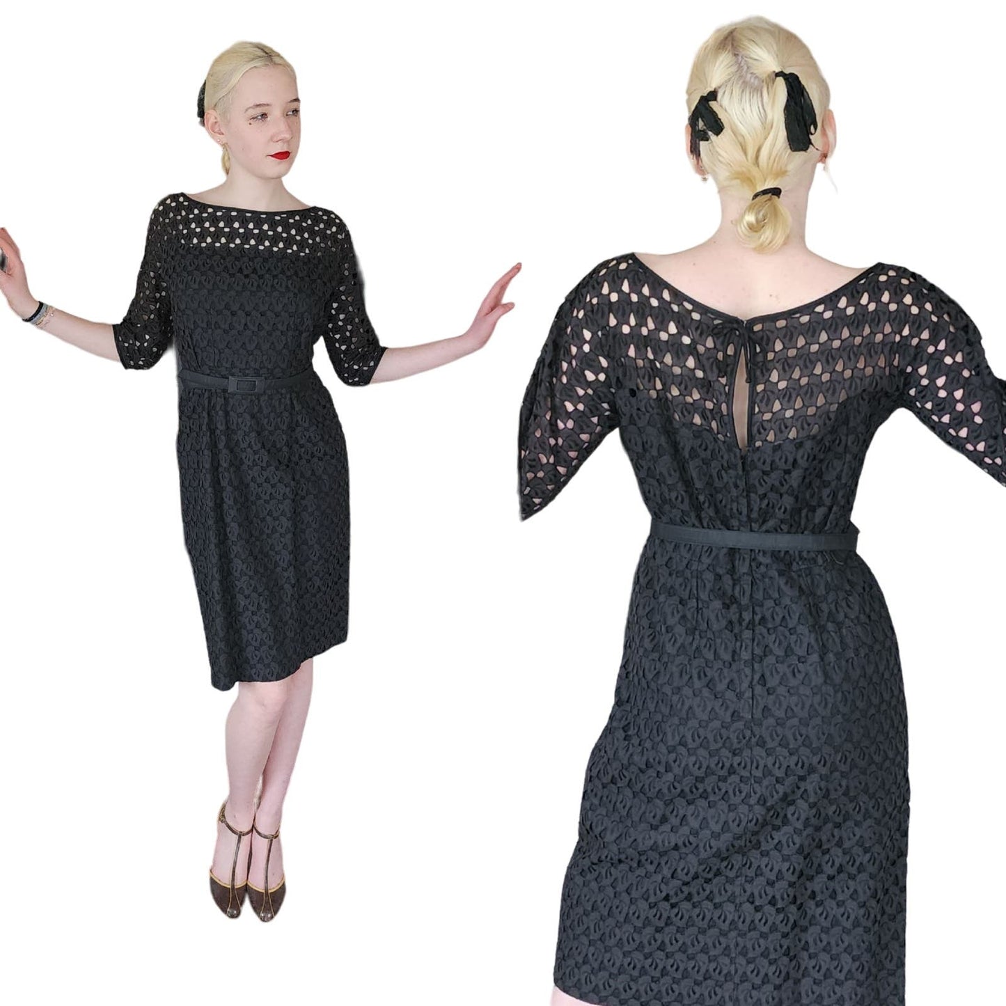 Vintage 50s Black Cocktail Dress Cut Lace Keyhole Back / M