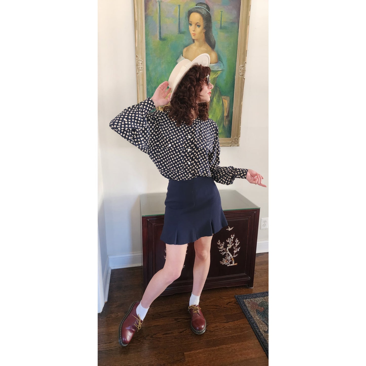 Vintage 80s Escada Blouse Navy Blue White Silkprint Shirt