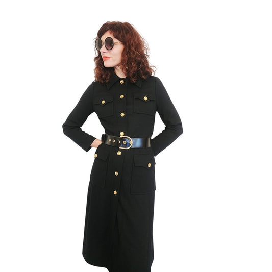 Vintage 1960s Dress Black Knit Wool + Gold Buttons, Belted by Gibi Italy