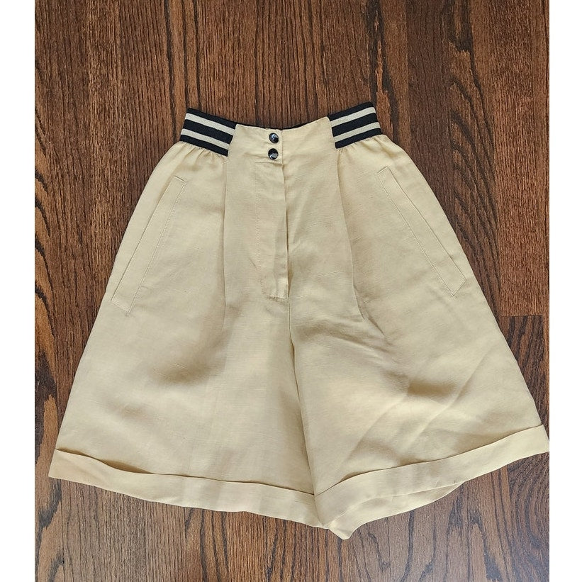 Vintage 80s Claude Montana Shorts Beige Black Linen Blend