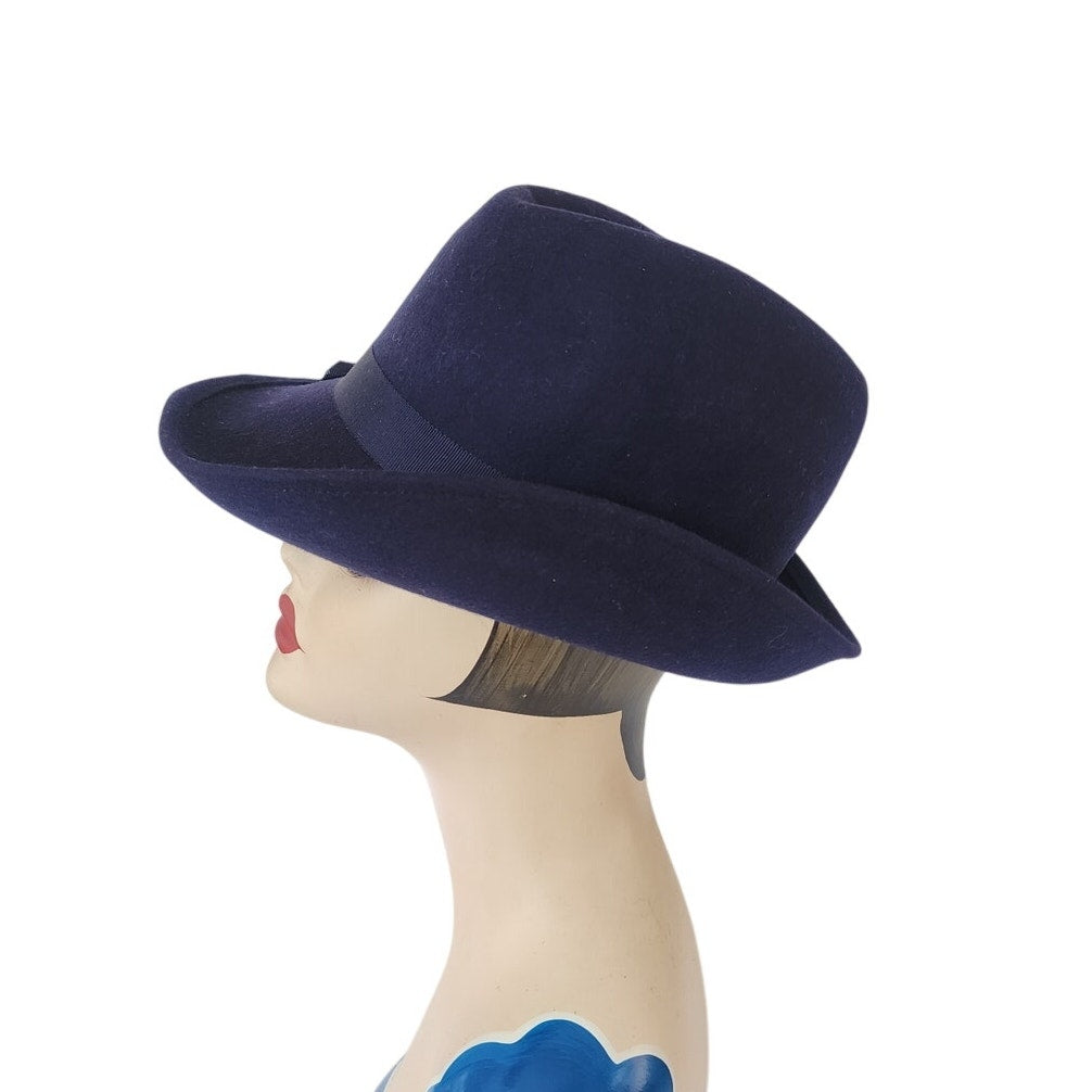 Vintage 1970s Ladies Fedora Blue Wool w/Feather Tally-Ho