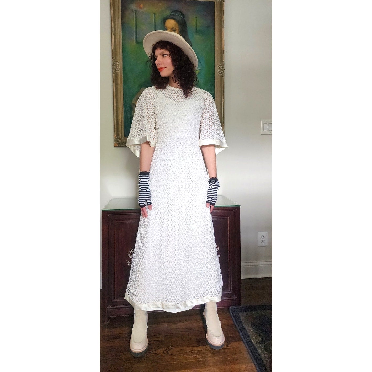 Vintage 70s White Maxi Dress Openwork Crochet Bridal Dress w/Capelet