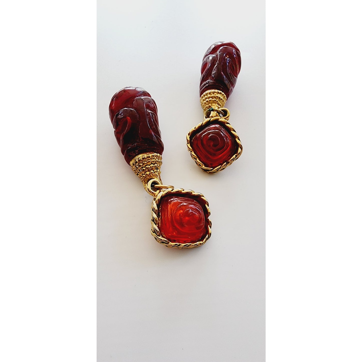 Vintage 80s Dangle Earrings Carved Red Glass Beads & Braided Gold