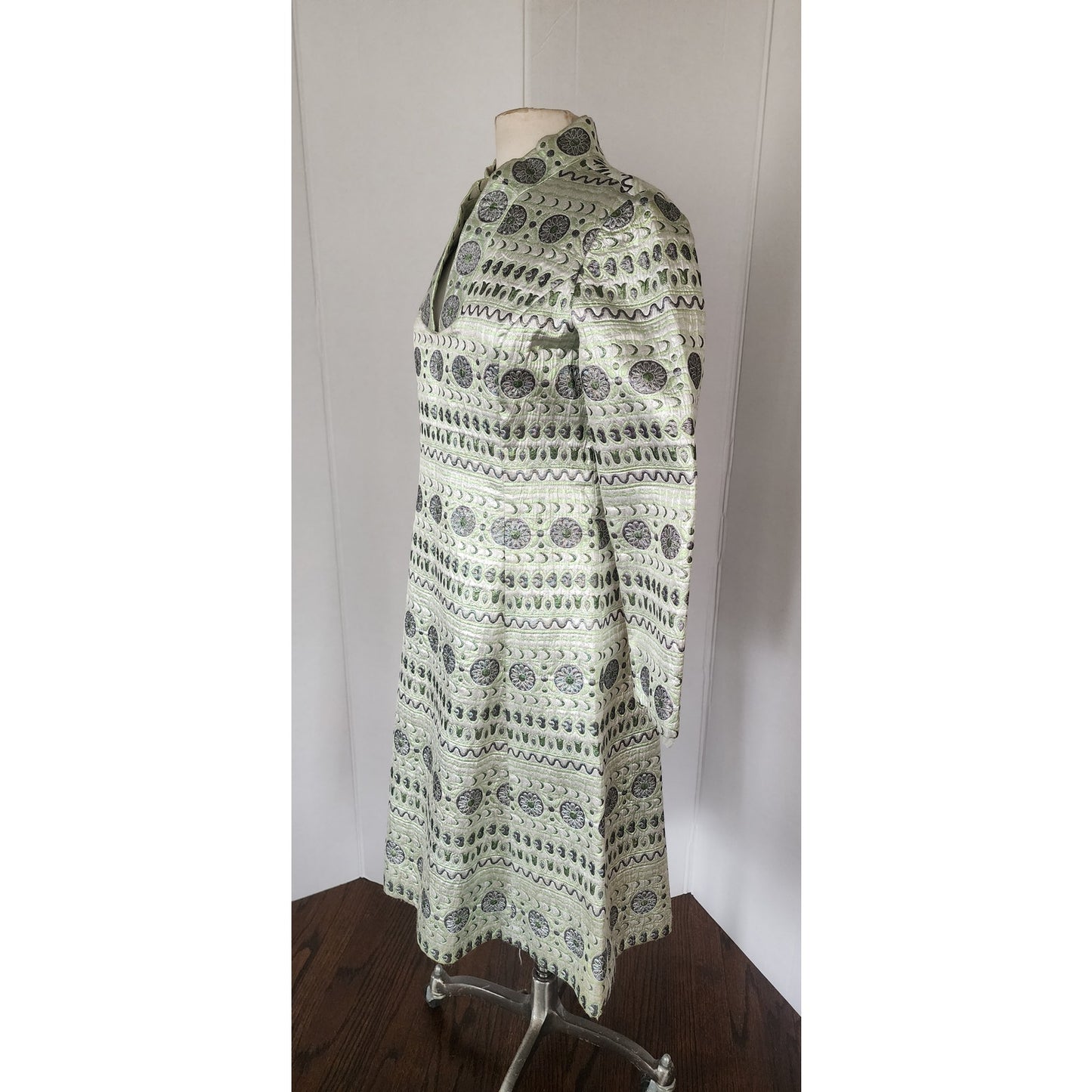 Vintage 60s Brocade Dress Silver Green Metallic Psychedelic Print