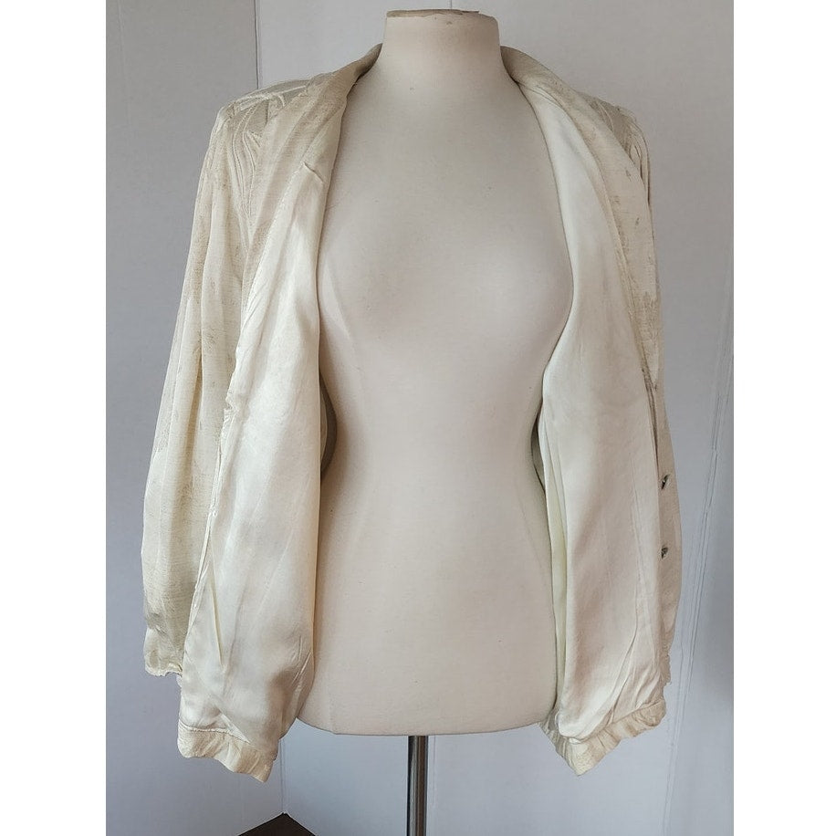 Vintage 80s Cream Blazer Oversized Artisinal Jacket w/Applique by Marilu / L