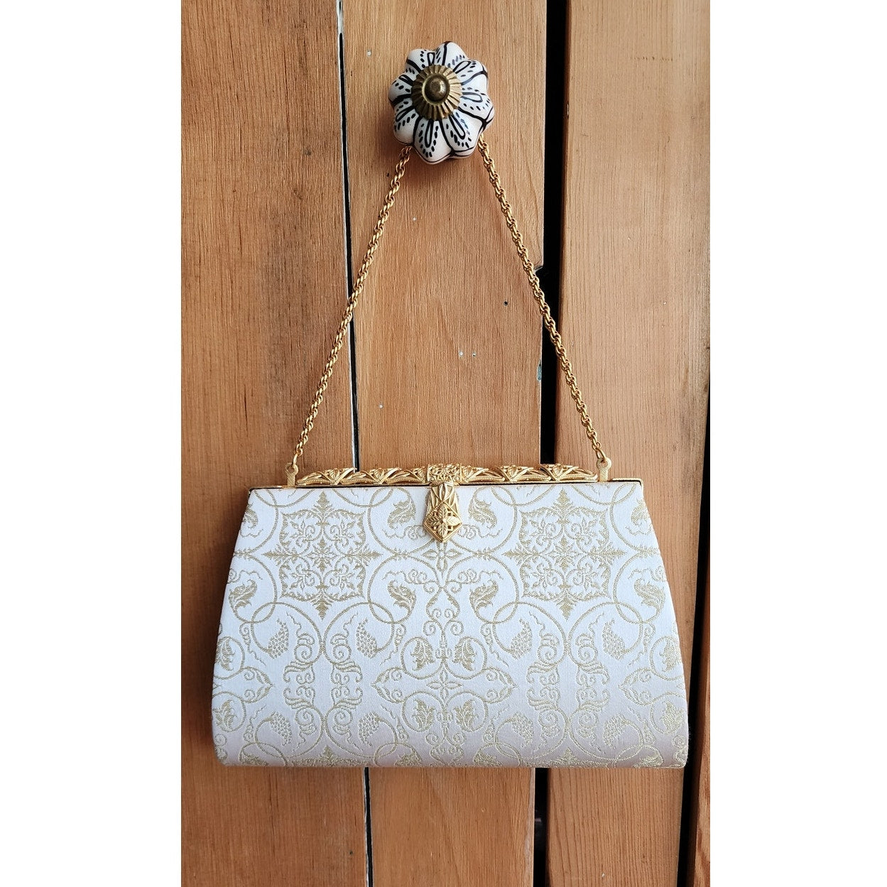 Vintage 50s Evening Bag Cream Silk Gold Baroque Print