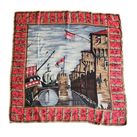 Vintage 1940s Silk Scarf Italian Renaissance Painting Venice Port Ships Carpaccio Marshall Field