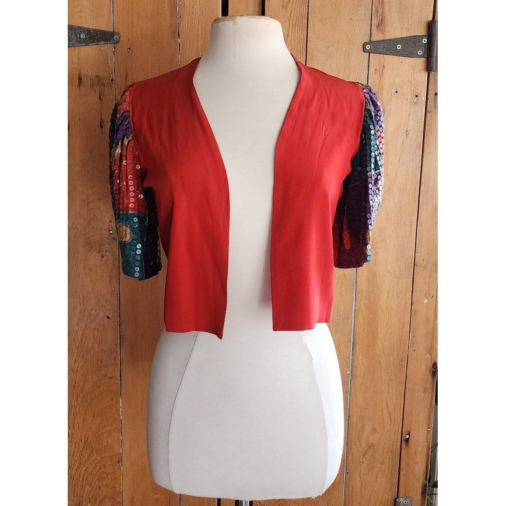 80s Cropped Jacket Red Silk + Sequined Sleees Sansappelle