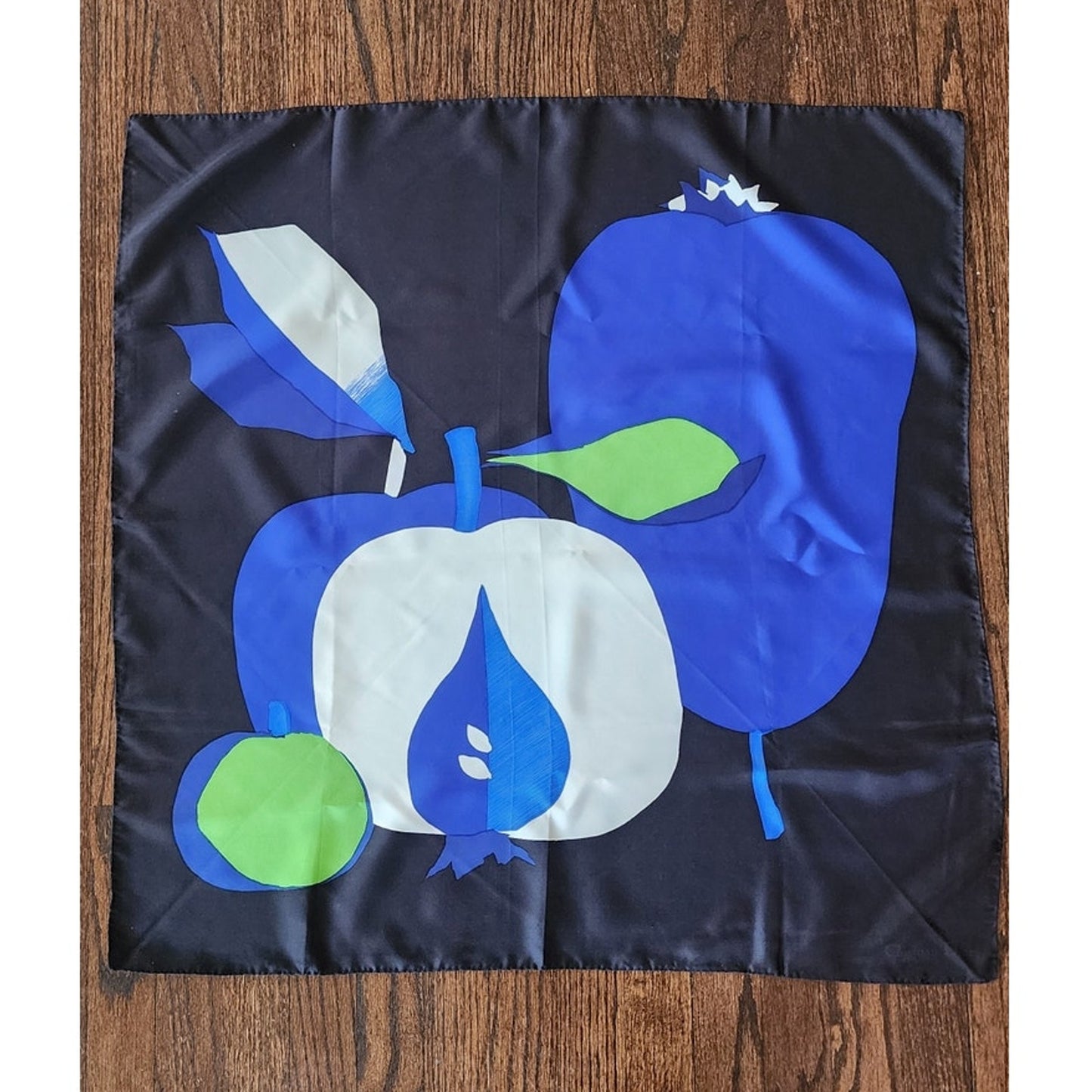 Vintage 80s Christian Dior Silk Scarf Fruit Art Still Life Blue Green Modernist