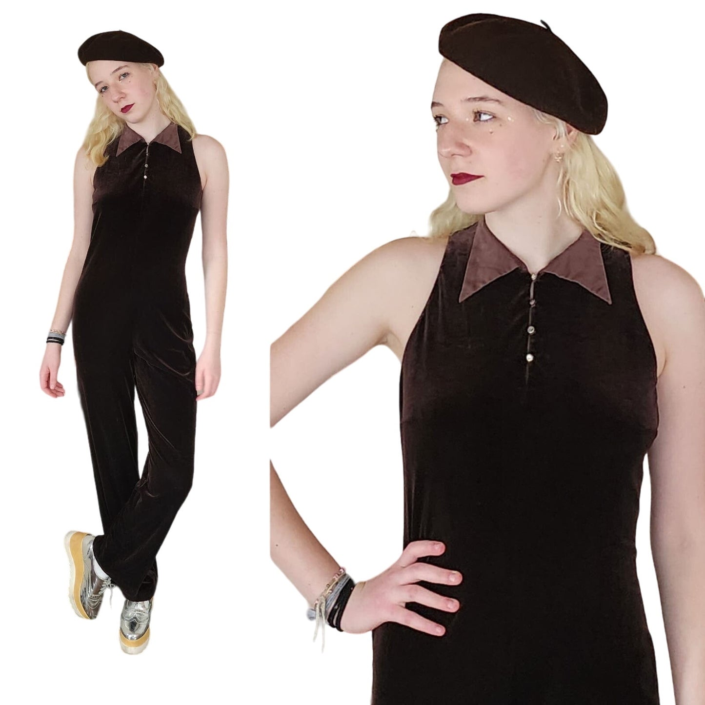 Vintage 90s Velvet Jumpsuit 1Sleeveless, in Brown Kay Unger / S