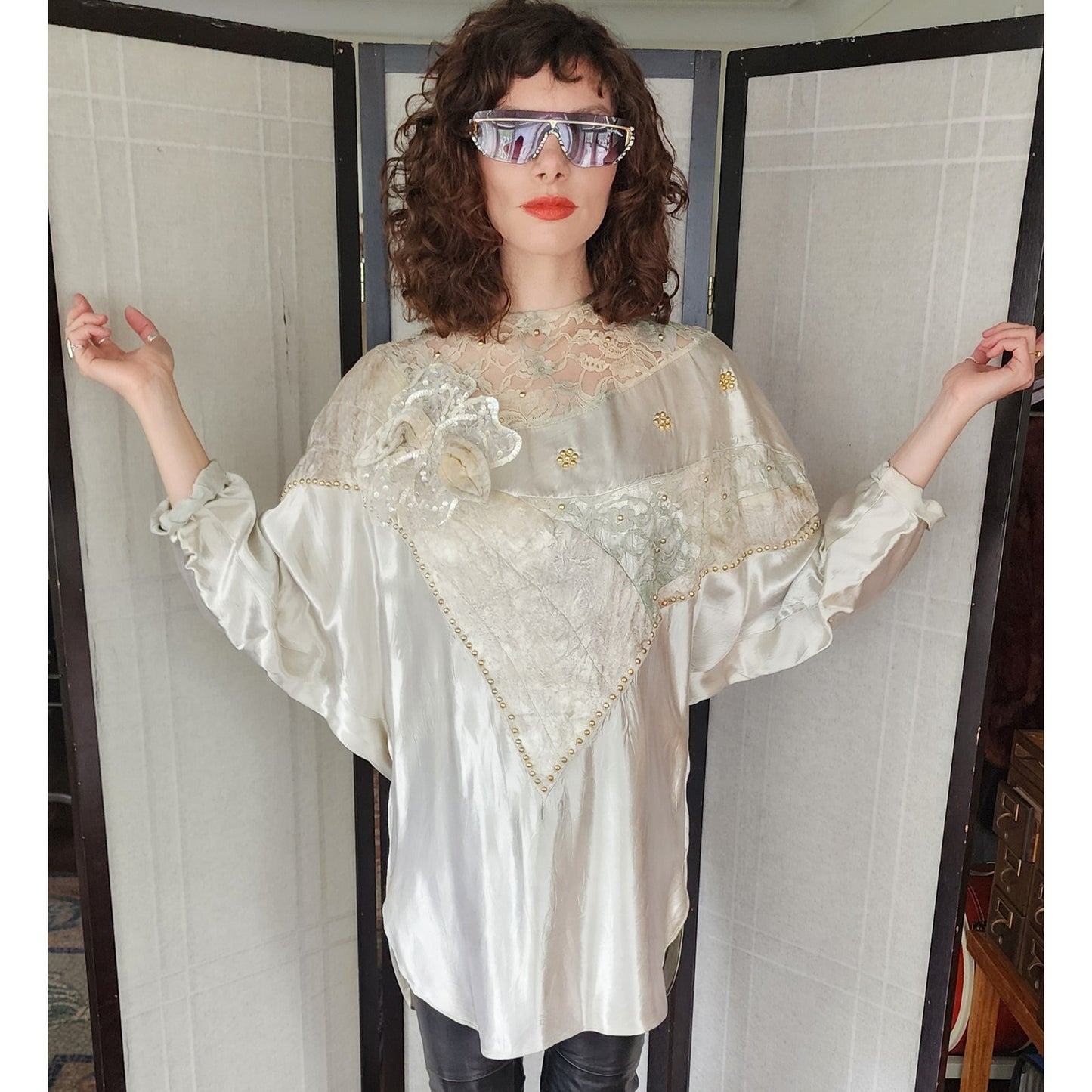 Vintage 80s Maick Harold Blouse Tunic Velvet Lace Sequins Applique Embroidery