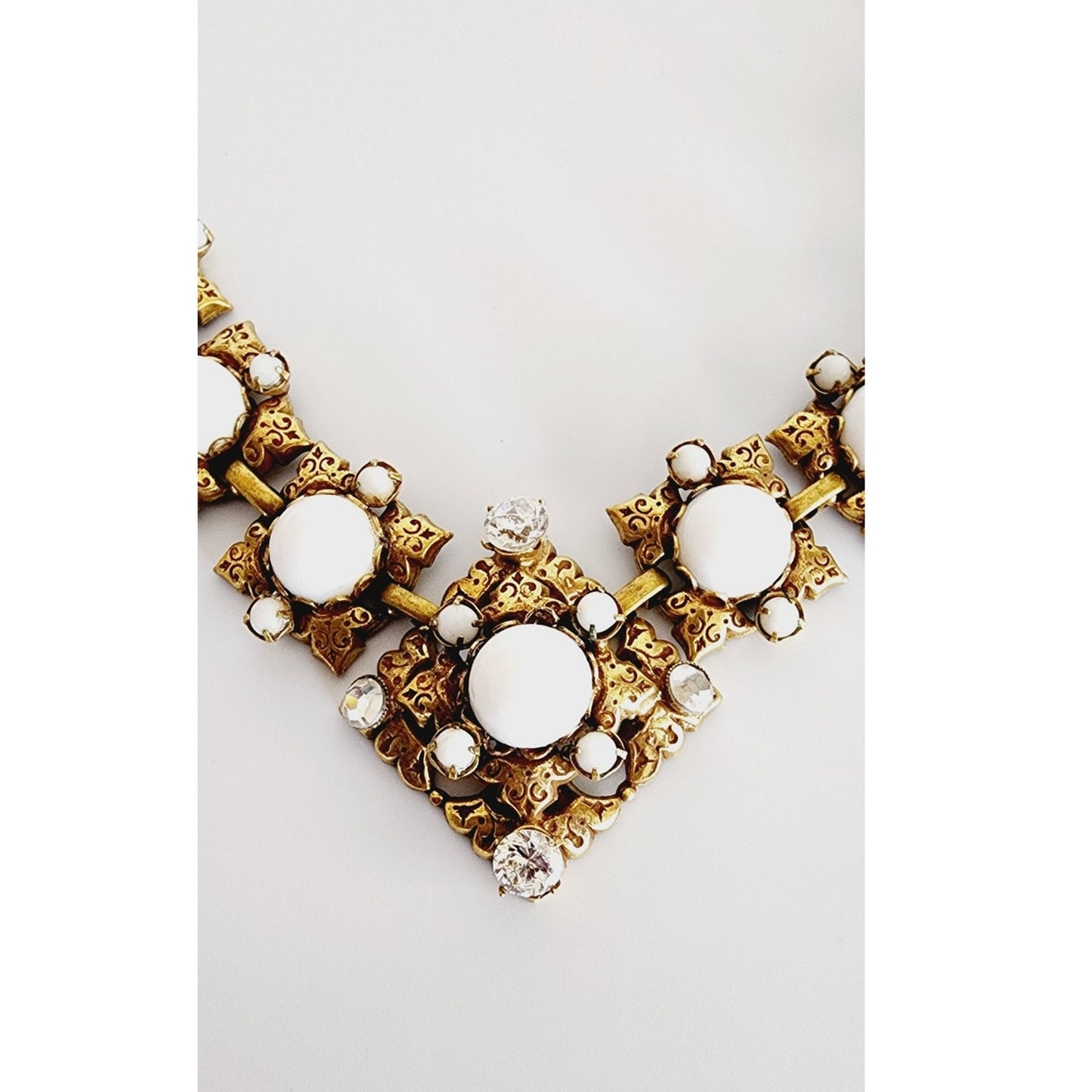 1960s Choker Necklace White Milk Glass & Gold Baroque Style