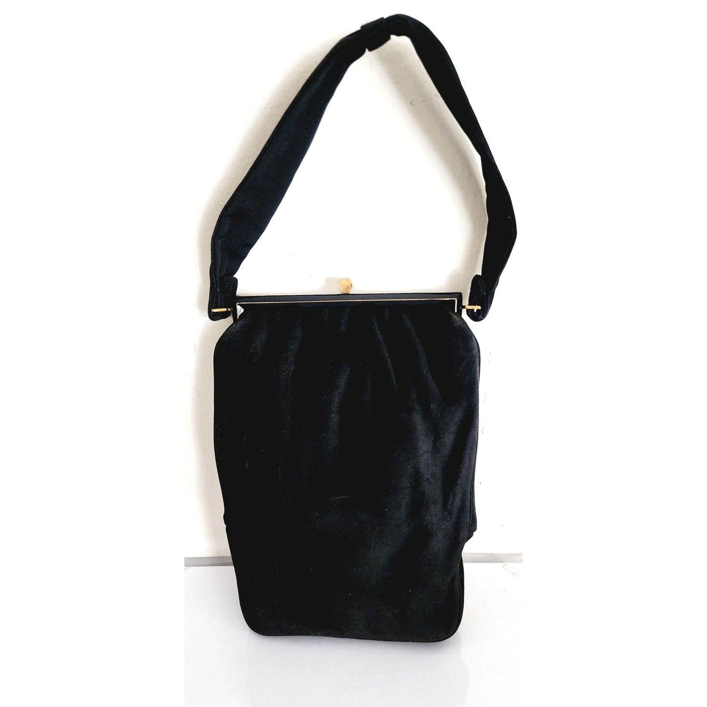 Vintage 40s Rosenfeld Handbag Black Brushed Suede Floral Enamel Frame