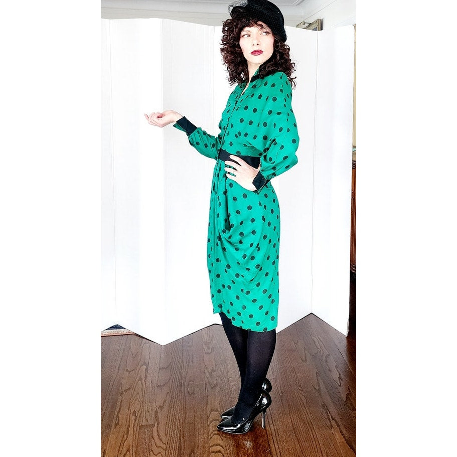 Vintage 80s Does 40s Green Polkadot Print Dress Peplum Pockets / Strawberry Studio / S