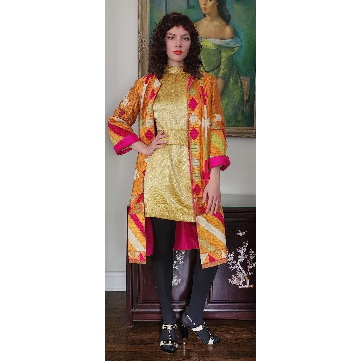 Antique Silk Patchwork Coat Artistinal Boho Gold Fuschia Folk Geometric